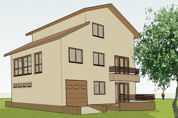 Proiect Arhitectura locuinte individuale Casa parter etaj mansarda cu garaj si sera perspectiva posterioara 
