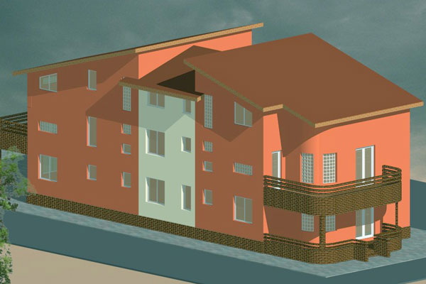 Proiect Arhitectura locuinte individuale Imobil parter si doua etaje cu patru apartamente persepctiva posterioara 