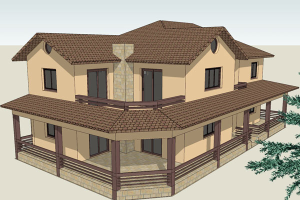 Proiect Arhitectura locuinte individuale Locuinta individuala parter si etaj cu pridvor perspectiva laterala stanga 