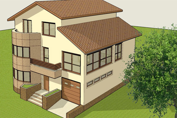 locuinte individuale Casa parter etaj mansarda cu garaj si sera perspectiva frontal stanga 