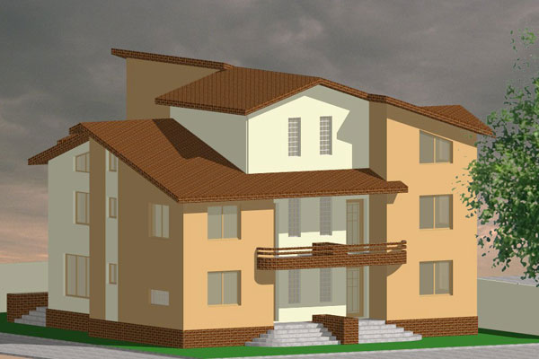 locuinte individuale Imobil parter si doua etaje cu trei aparmante perspectiva frontala 